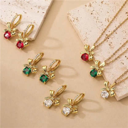 Green, Red, White Dainty Bow Cushion Cut Moissanite Diamond Pendant Elegant 18k Vermeil Gold Plated Necklace & Earrings Set | Mix Mix Style