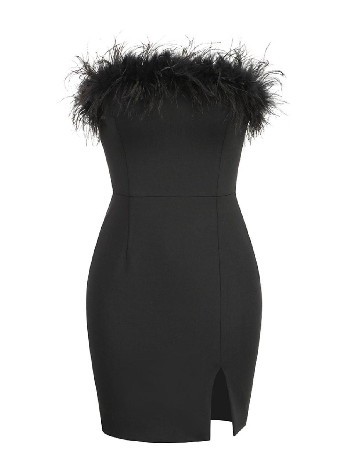 Strapless Feather Trimmed Mini Dress In Black | Mix Mix Style [Hot Seller]-Mix MIx Style