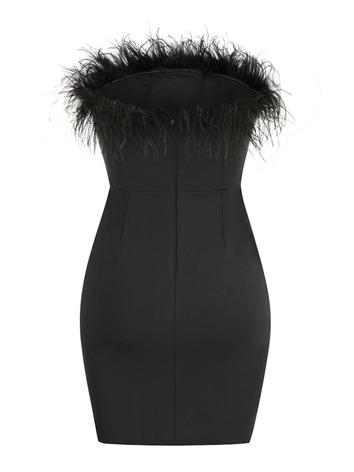 Strapless Feather Trimmed Mini Dress In Black | Mix Mix Style [Hot Seller]-Mix MIx Style