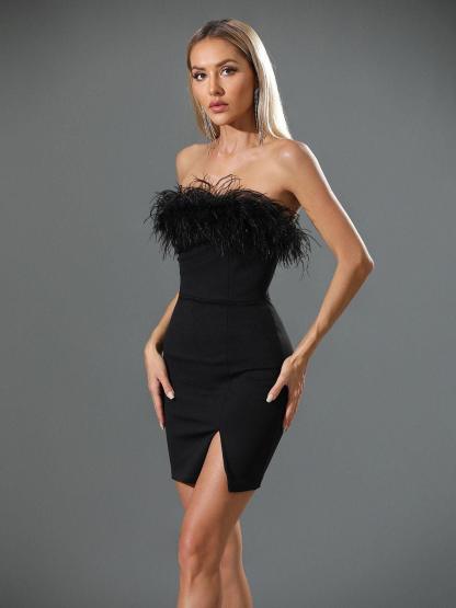 Strapless Feather Trimmed Mini Dress In Black | Mix Mix Style [Hot Seller]-Mix MIx Style