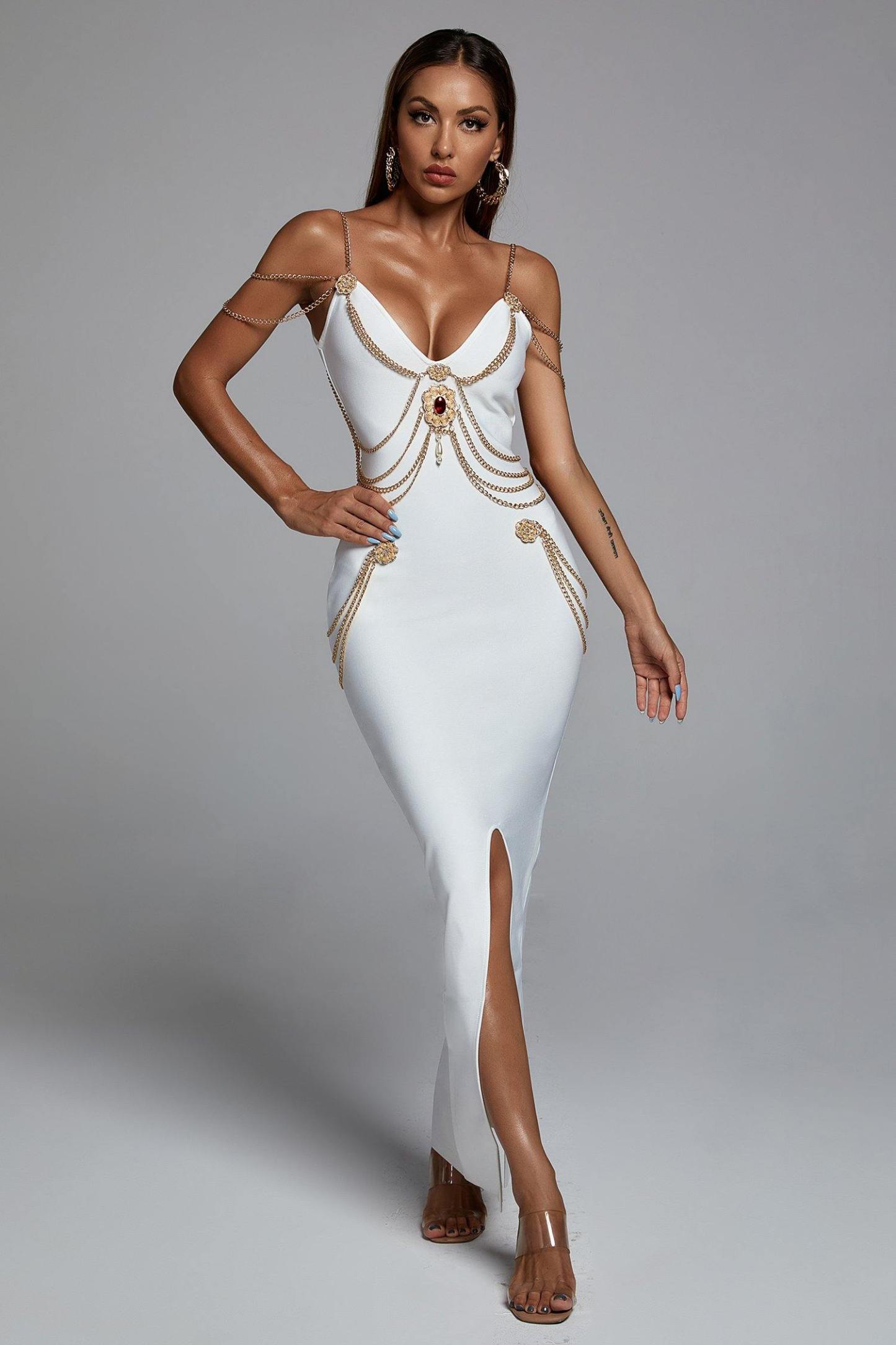 White Metal Embellishment Maxi Dress | Mix Mix Style [Hot Seller]-Mix MIx Style