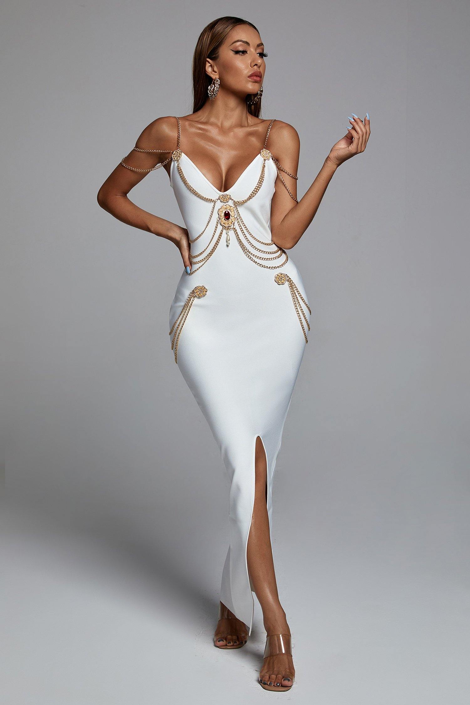 White Metal Embellishment Maxi Dress | Mix Mix Style [Hot Seller]-Mix MIx Style
