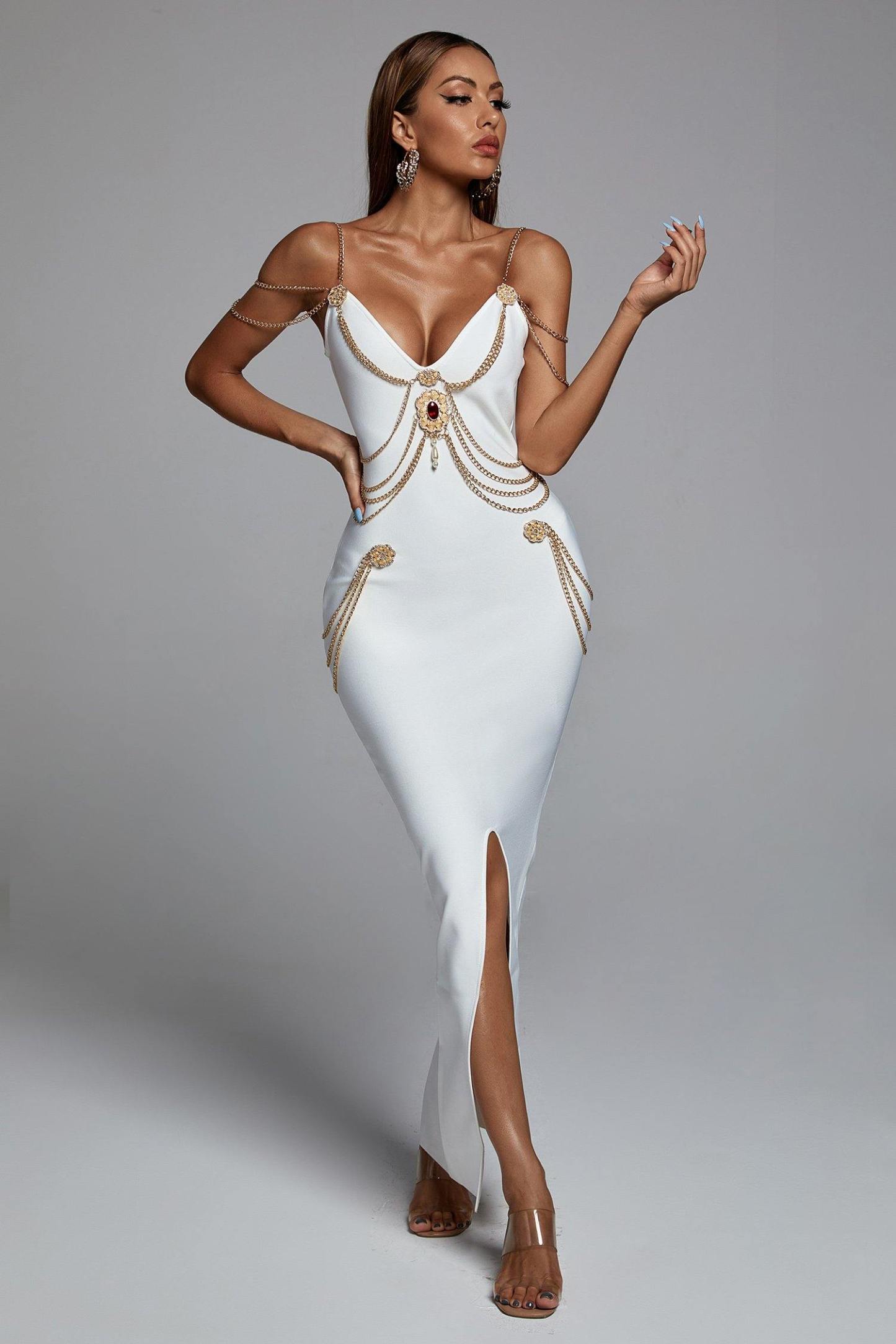 White Metal Embellishment Maxi Dress | Mix Mix Style [Hot Seller]-Mix MIx Style