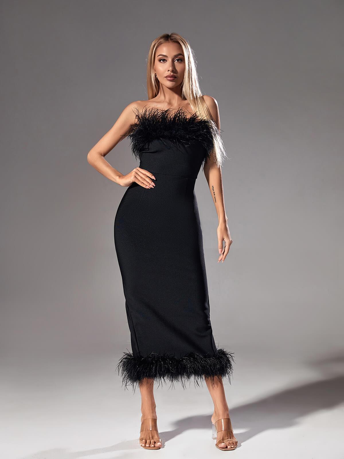 Salome Strapless Feather Trimmed Bandage Dress In Black-Mix MIx Style