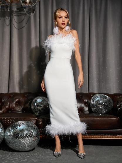 Salome Strapless Feather Trimmed Bandage Dress In White-Mix MIx Style