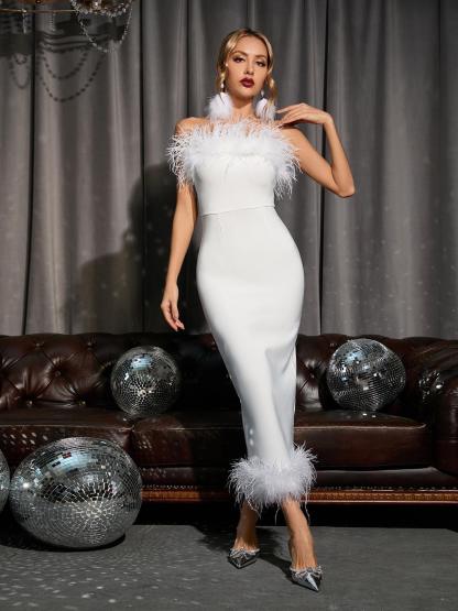Salome Strapless Feather Trimmed Bandage Dress In White-Mix MIx Style