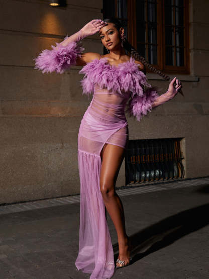 Spaghetti Tulle Maxi Dress With Gloves In Lilac | Mix Mix Style [Hot Seller]-Mix MIx Style