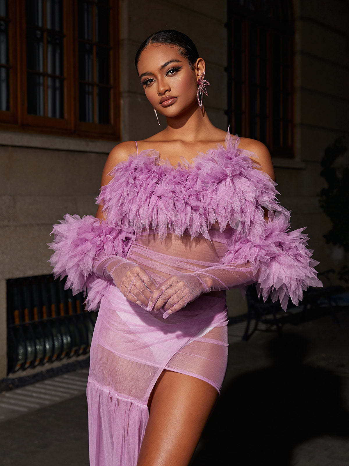 Spaghetti Tulle Maxi Dress With Gloves In Lilac | Mix Mix Style [Hot Seller]-Mix MIx Style