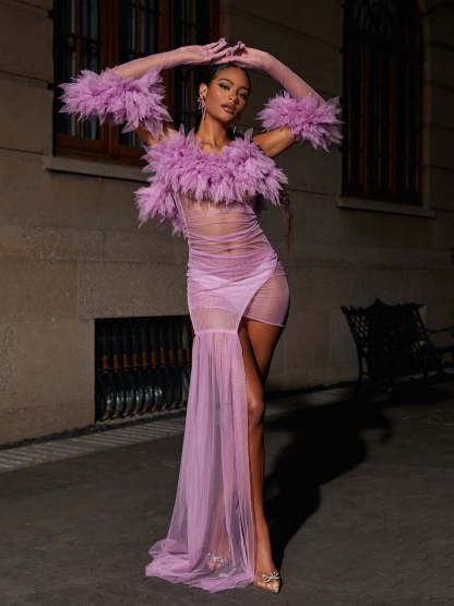 Spaghetti Tulle Maxi Dress With Gloves In Lilac | Mix Mix Style [Hot Seller]-Mix MIx Style