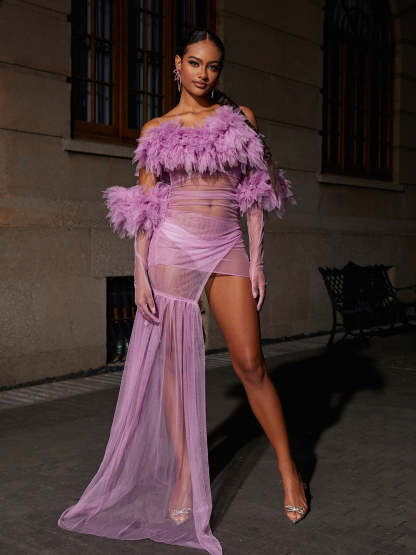 Spaghetti Tulle Maxi Dress With Gloves In Lilac | Mix Mix Style [Hot Seller]-Mix MIx Style