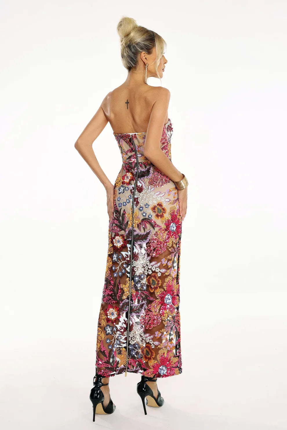 Multicolor Strapless Backless Floral Embellished Diamonate Tube Summer Maxi Dress | Mix Mix Style