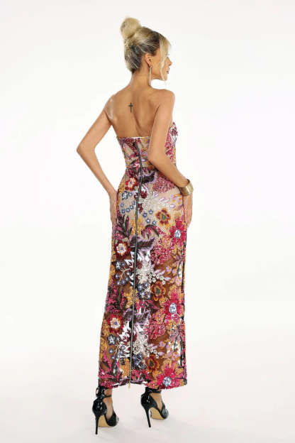 Multicolor Strapless Backless Floral Embellished Diamonate Tube Summer Maxi Dress | Mix Mix Style