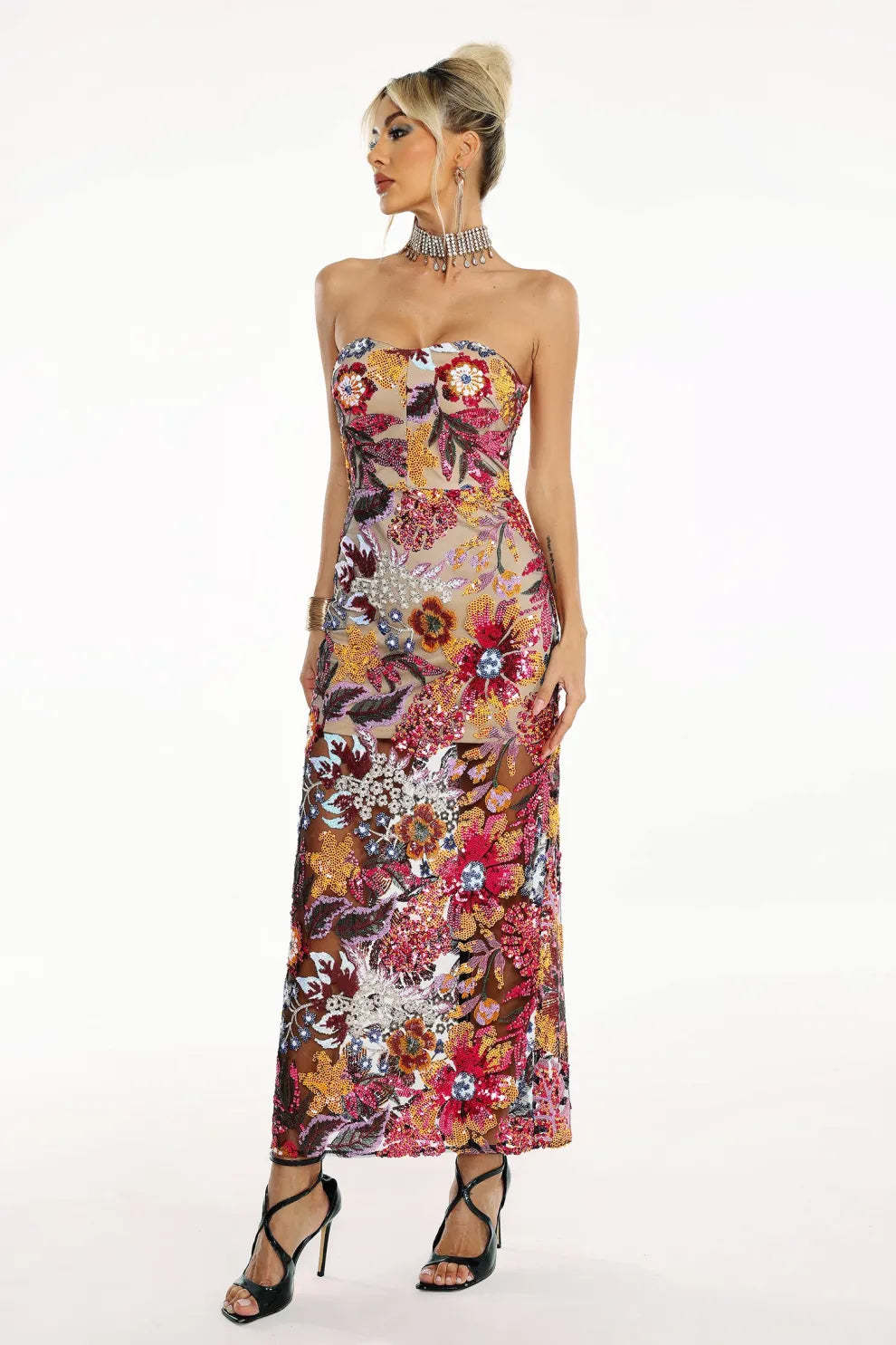 Multicolor Strapless Backless Floral Embellished Diamonate Tube Summer Maxi Dress | Mix Mix Style