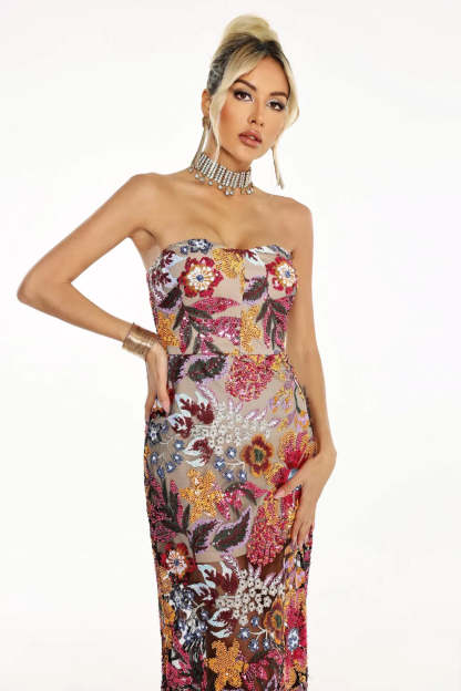 Multicolor Strapless Backless Floral Embellished Diamonate Tube Summer Maxi Dress | Mix Mix Style