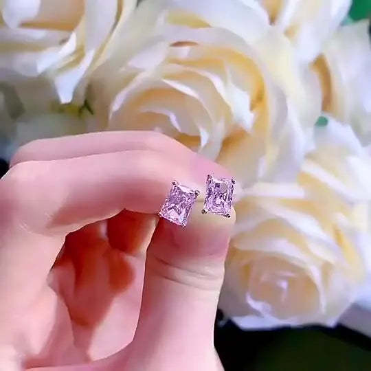 Pink - Yellow Dainty Classic Radiant Cut Moissanite Diamond 1ct Elegant 18k White Gold Plated Stud Earrings | Mix Mix Style