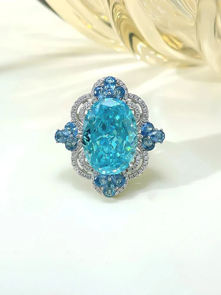 Sea Blue Luxury Marquise Cut Diamond Diamond Temperament Retro 18k White Gold Plated Engagement Ring | Mix Mix Style-Mix MIx Style