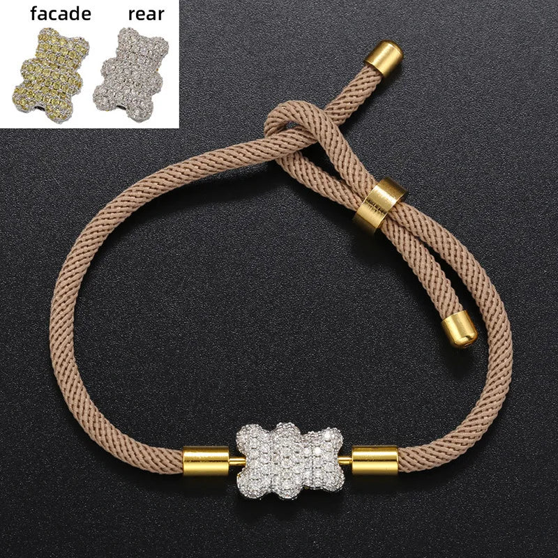 Popular Adorable Bicolor Bear Design Crystal Zircon Double Side Pendant Braided Hand Rope Bracelet Perfect Women's Jewelry Gift