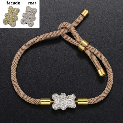 Popular Adorable Bicolor Bear Design Crystal Zircon Double Side Pendant Braided Hand Rope Bracelet Perfect Women's Jewelry Gift