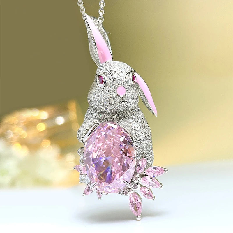 Cute White & Pink Oval Cut Moissanite Diamond Pendant Luxury 18k White Gold Plated Necklace | Mix Mix Style