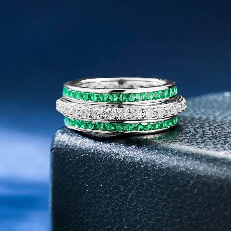 Eternity Emerald Ruby Diamond Ring 100% Real 925 Sterling Silver Party Wedding Band Rings for Women Bridal Engagement Jewelry