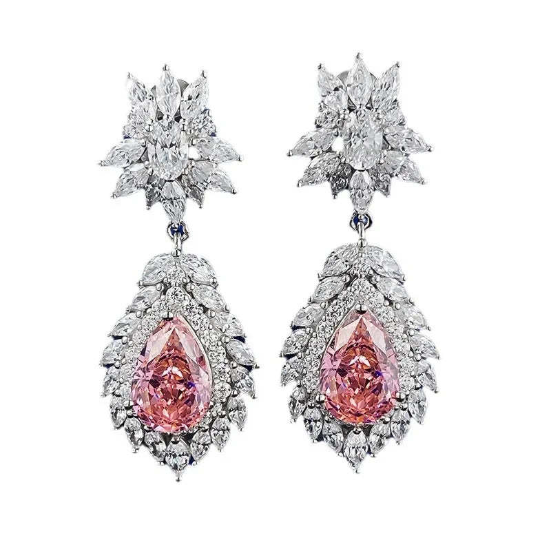 Valuable Pink Pear Cut Diamond Dangle Drop 18k White Gold Plated Earrings | Mix Mix Style-Mix MIx Style