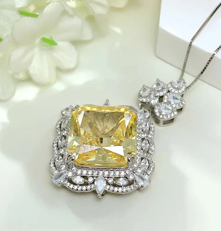 Luxury Curshion Square Yellow Diamond Pendant 18k White Gold Necklace | Mix Mix Style-Mix MIx Style