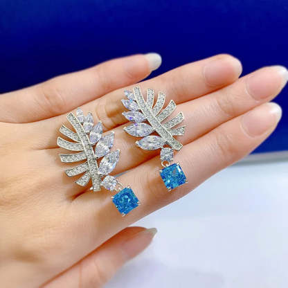 Leafs Timeless Blue Cushion Cut Moissanite Diamond Elegant 18k White Gold Plated Drop Earrings | Mix Mix Style