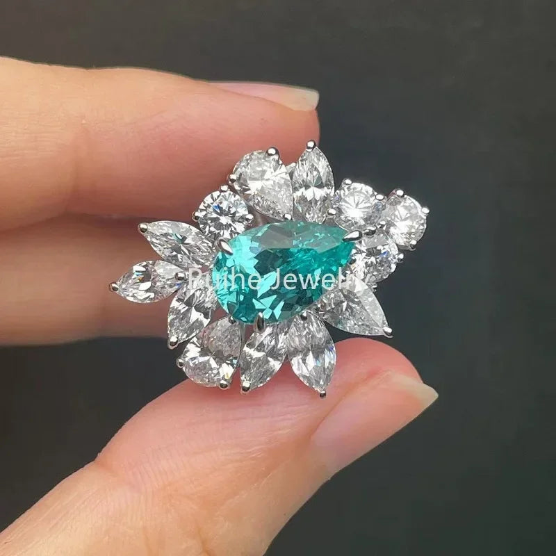 Sea Blue & White Fashion Pear Cut Moissanite Diamonds 5.33ct 18k White Gold Plated Engagement Ring  | Mix Mix Style-Mix MIx Style