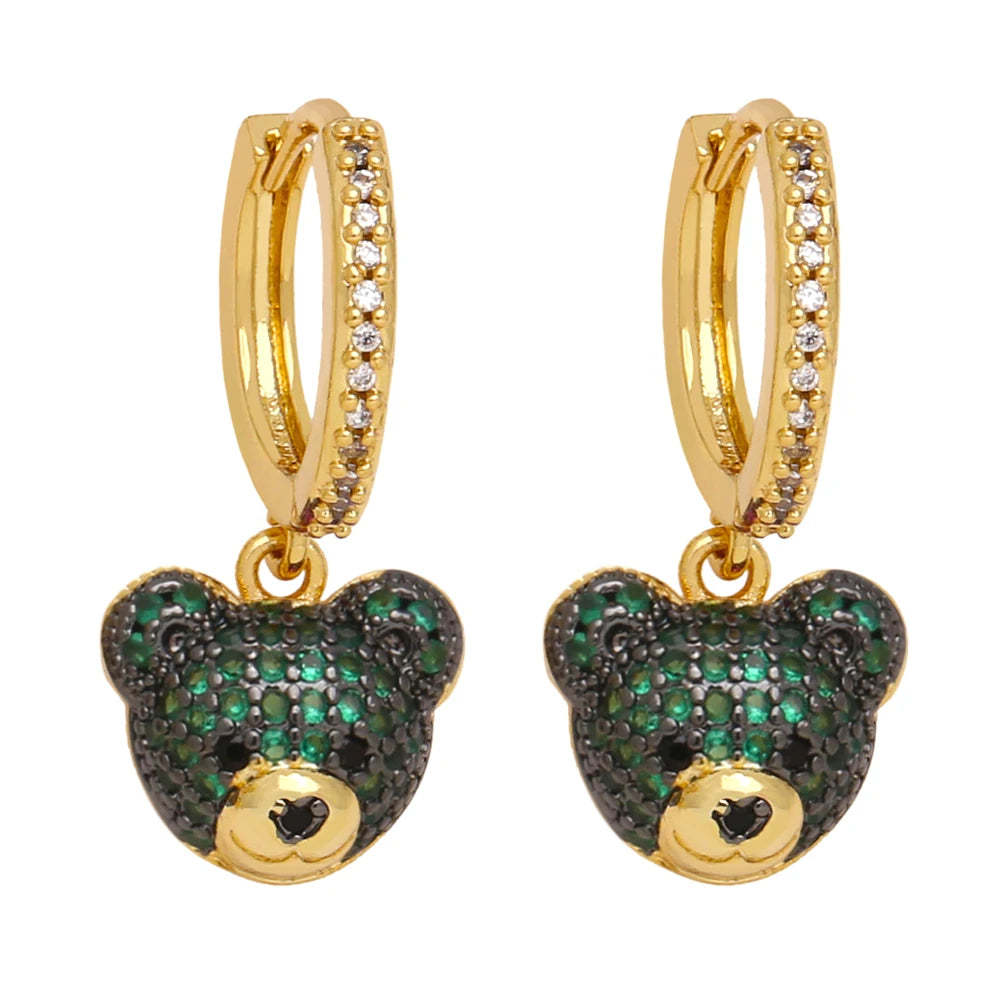 FLOLA Copper Zircon Hoops Bear Earrings for Women CZ Green Crystal Bear Dangle Earrings Gold Plated Jewelry Friends Gifts erst17