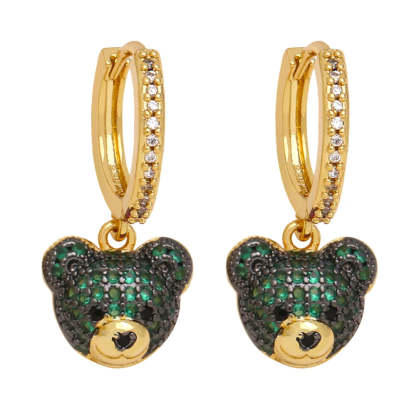 FLOLA Copper Zircon Hoops Bear Earrings for Women CZ Green Crystal Bear Dangle Earrings Gold Plated Jewelry Friends Gifts erst17