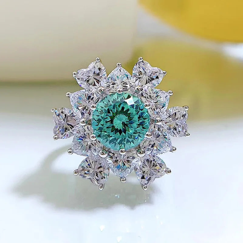 Flower Aquamarine Blue Round Cut Moissanite Diamonds 18k White Gold Plated Engagement Ring-Mix MIx Style