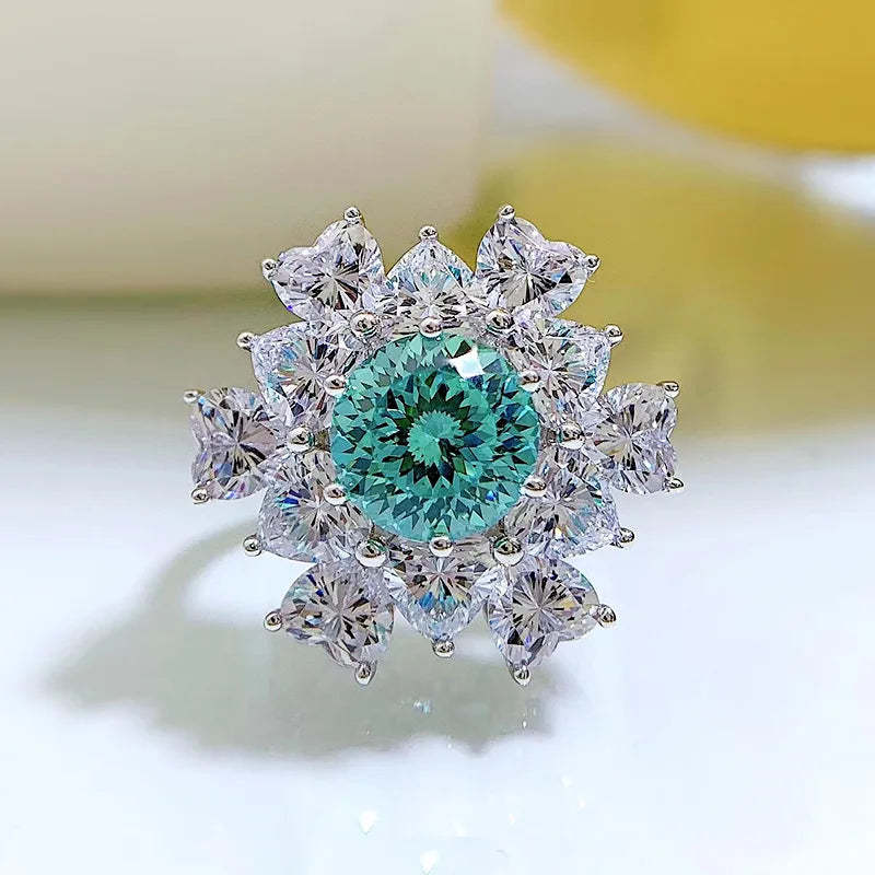 Flower Aquamarine Blue Round Cut Moissanite Diamonds 18k White Gold Plated Engagement Ring-Mix MIx Style