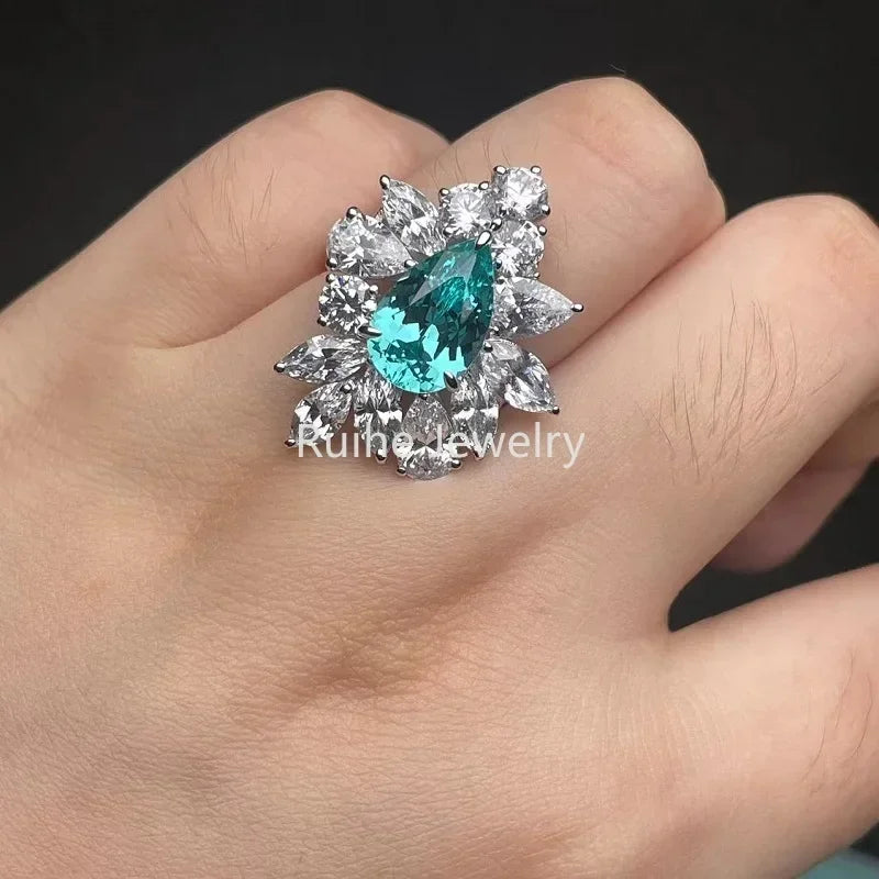 Sea Blue & White Fashion Pear Cut Moissanite Diamonds 5.33ct 18k White Gold Plated Engagement Ring  | Mix Mix Style-Mix MIx Style