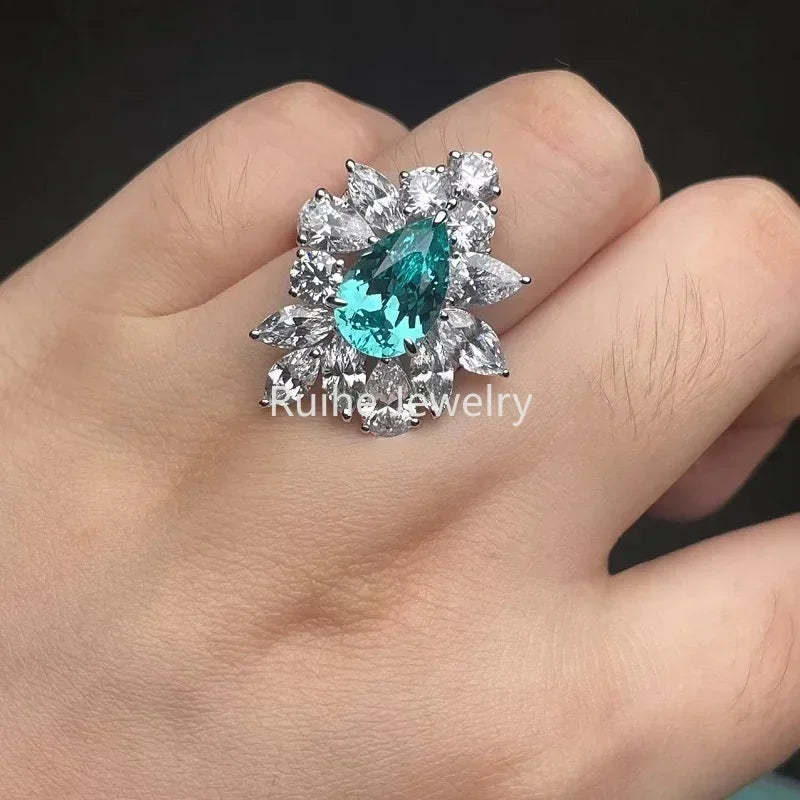 Sea Blue & White Fashion Pear Cut Moissanite Diamonds 5.33ct 18k White Gold Plated Engagement Ring  | Mix Mix Style-Mix MIx Style