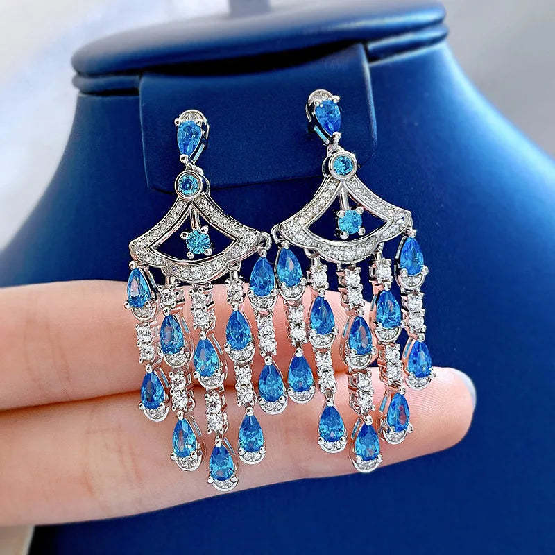 Blue & White Tassel Timeless Pear Cut Moissanite Diamond Luxury 18k White Gold Plated Drop Earrings | Mix Mix Style