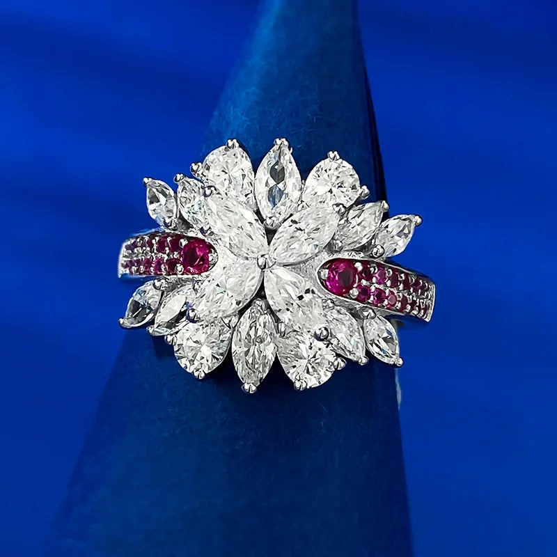 Charm Flower Ruby Diamond Ring 100% Real 925 Sterling Silver Party Wedding Band Rings for Women Bridal Engagement Jewelry