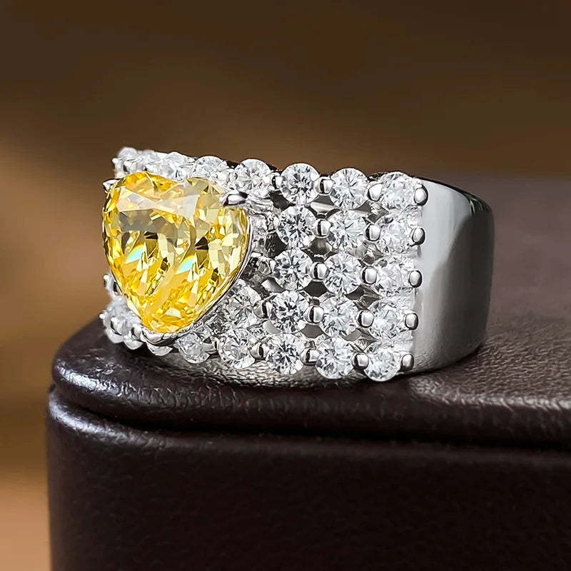 Thick Luxurious Yellow Heart Cut Moissanite Diamond 8x8mm 18k White Gold Wedding Engagement Fine Ring | Mix Mix Style-Mix MIx Style