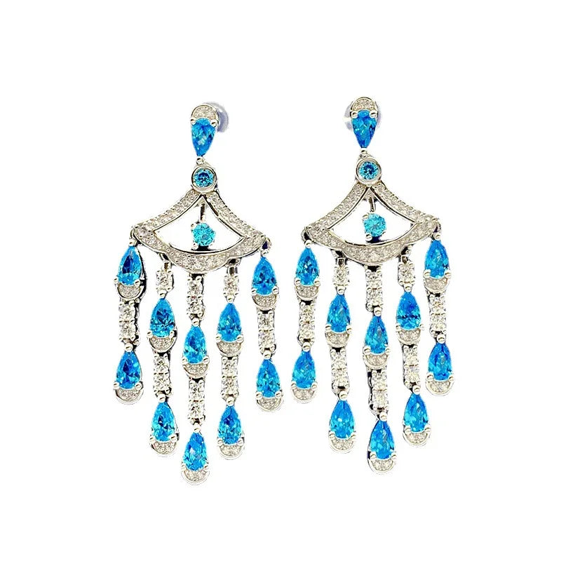 Dazzling Tassel Timeless Sea Blue Pear Cut Moissanite Diamond Luxury 18k White Gold Plated Drop Earrings | Mix Mix Style