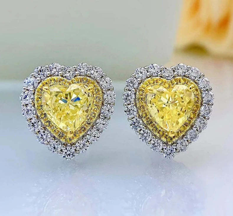Yellow Sparkle Heart Shape Cut Diamond Stud 18k White Gold Plated Earring | Mix Mix Style-Mix MIx Style