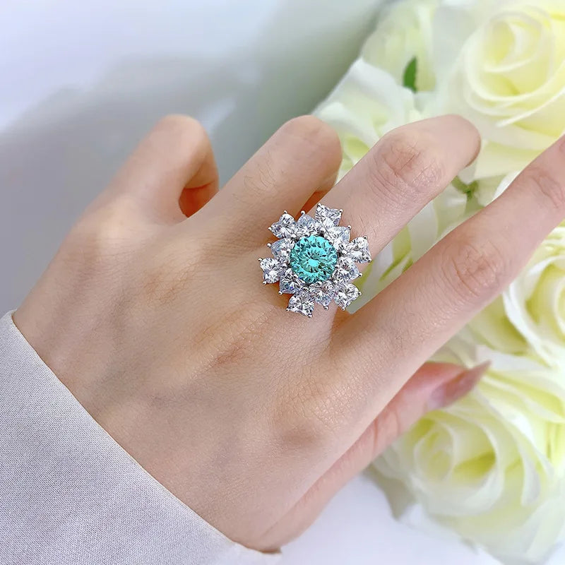 Flower Aquamarine Blue Round Cut Moissanite Diamonds 18k White Gold Plated Engagement Ring-Mix MIx Style