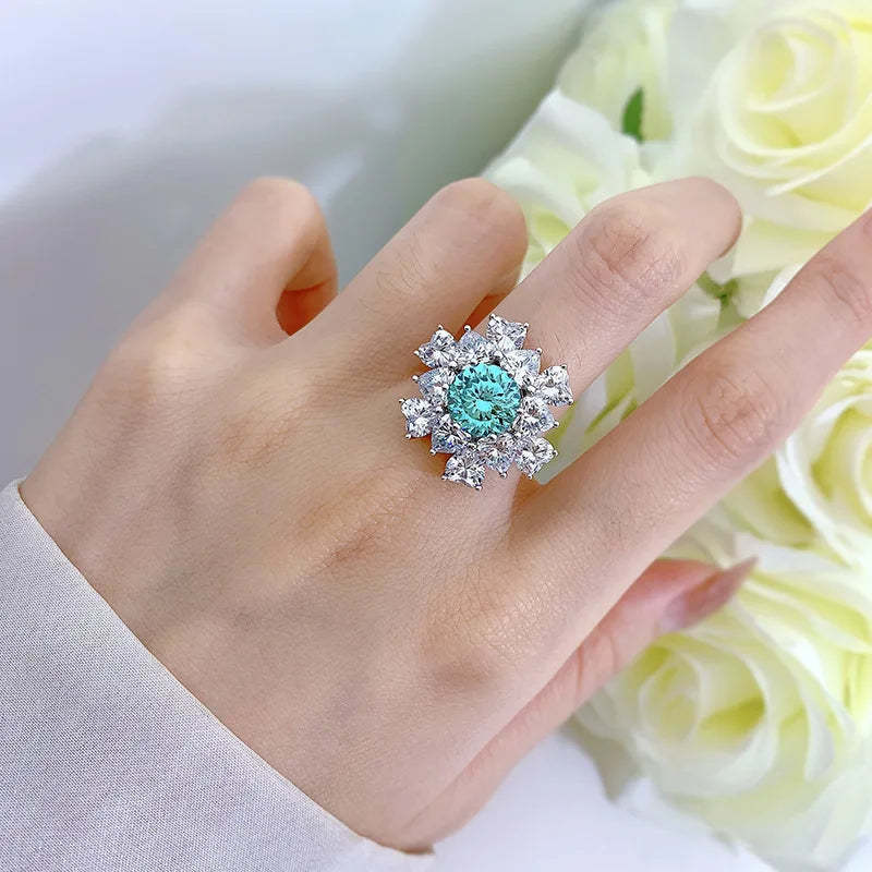 Flower Aquamarine Blue Round Cut Moissanite Diamonds 18k White Gold Plated Engagement Ring-Mix MIx Style