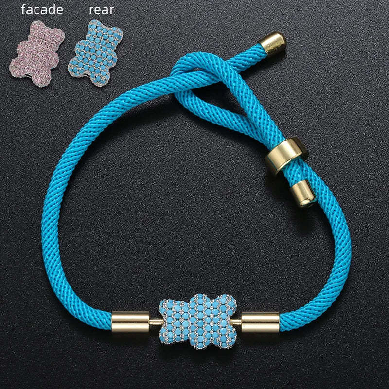 Popular Adorable Bicolor Bear Design Crystal Zircon Double Side Pendant Braided Hand Rope Bracelet Perfect Women's Jewelry Gift
