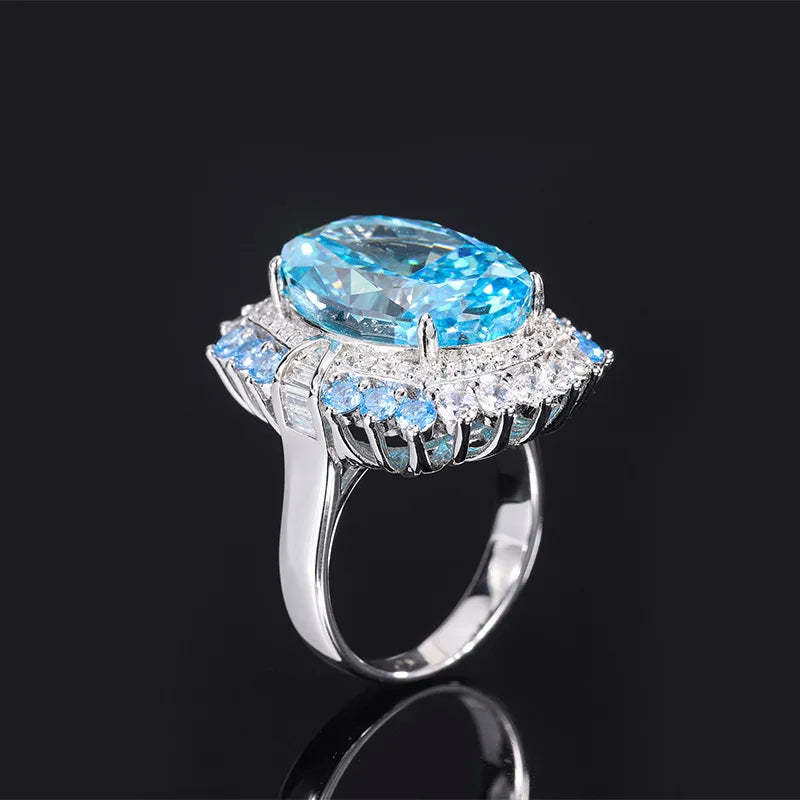 Luxury Sea Blue Oval Cut Moissanite Diamonds 18k White Gold Elegant Engagement Ring | Mix Mix Style-Mix MIx Style