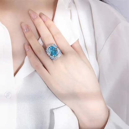 Luxury Sea Blue Oval Cut Moissanite Diamonds 18k White Gold Elegant Engagement Ring | Mix Mix Style-Mix MIx Style
