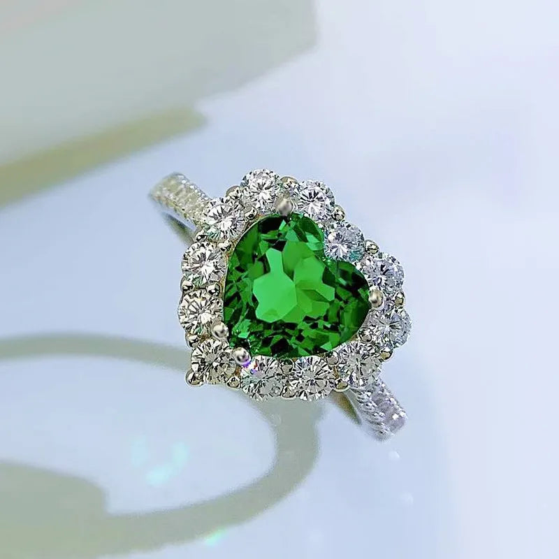 Deep Pink & Green Heart Cut Moissanite Diamond 8x8 18k White Gold Plated Luxury Retro Engagement Ring | Mix Mix Style-Mix MIx Style