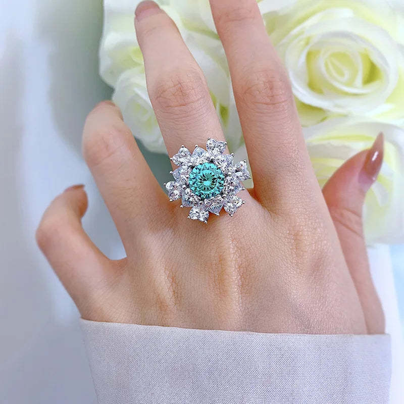 Flower Aquamarine Blue Round Cut Moissanite Diamonds 18k White Gold Plated Engagement Ring-Mix MIx Style