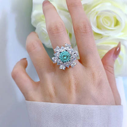 Flower Aquamarine Blue Round Cut Moissanite Diamonds 18k White Gold Plated Engagement Ring-Mix MIx Style
