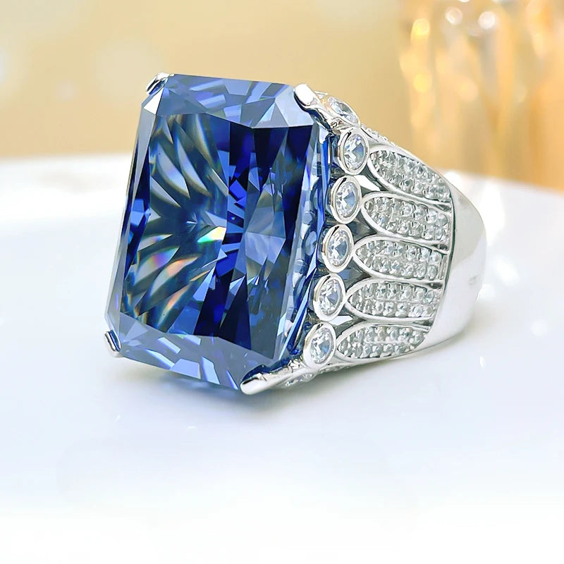 Deep Blue/Yellow Luxury Radiant Cut Moissanite Diamond 30ct 18k White Gold Plated Ring Fine Engagement Ring | Mix Mix Style-Mix MIx Style