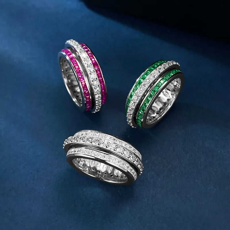 Eternity Emerald Ruby Diamond Ring 100% Real 925 Sterling Silver Party Wedding Band Rings for Women Bridal Engagement Jewelry
