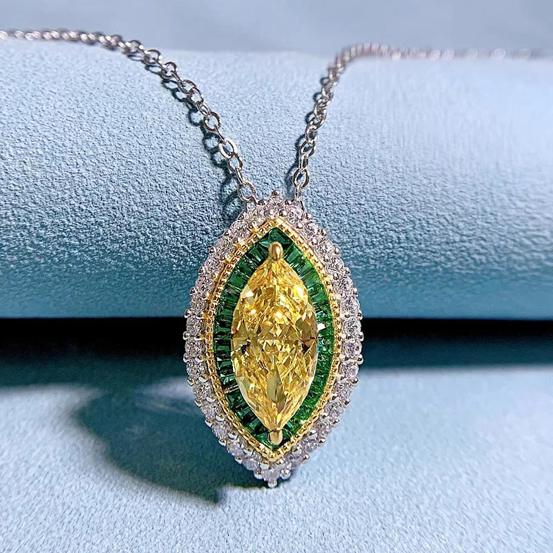 Yellow & Green Dazzling Marquise Cut Moissanite Diamond Pendant Luxury 18k White Gold Plated Necklace | Mix Mix Style